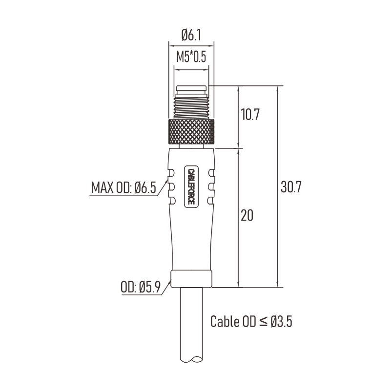 M5 3Pin male connector molded with 3x26AWG cable free end