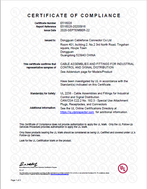 UL Certificate of M8 3P, 4Pin & M12 A-Code 4P, 5P, 8Pin