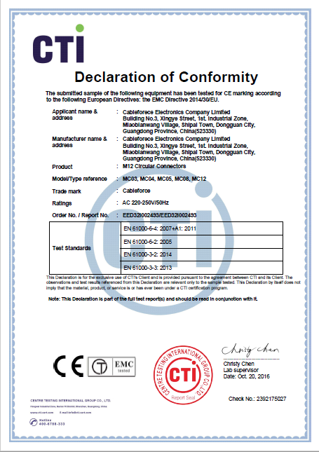 CE-EMC certificate of M12 Cable & Connectors