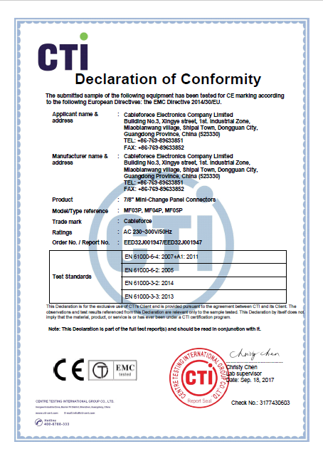 CE-EMC Certificate of 7/8" Mini-Change Panel Mount Connectors