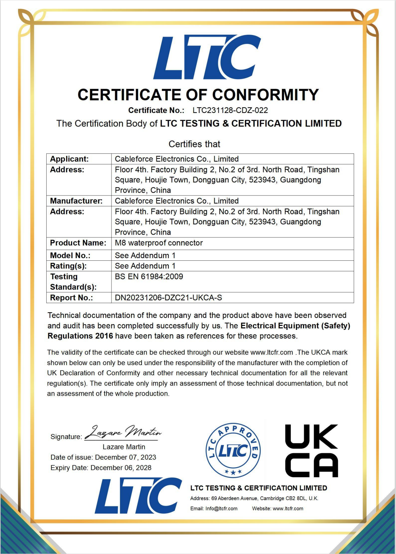 UKCA Certificate of M8 Cable Connectors
