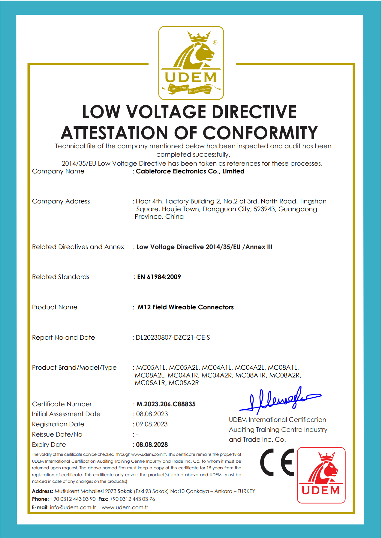CE-LVD Certificate of M12 Field Wireable Connector